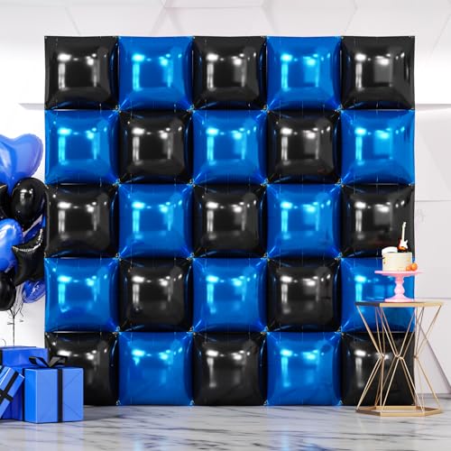 NISOCY 25PCS Black and Blue Square Foil Balloons Wall Backdrop Double Sided Black and Dark Blue Balloons Arch Kit for Birthday Graduation Retirement Anniversary Baby Shower Party Decorations - color: Black and Deep Blue, size: 25PCS