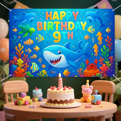 IVN Happy 9th Birthday Backdrop Banner 71x43 Inch Ocean Theme Under the Sea Birthday Party Decorations Photography Background Photo Booth Props for Boys Girls - color: Happy Birthday 9th