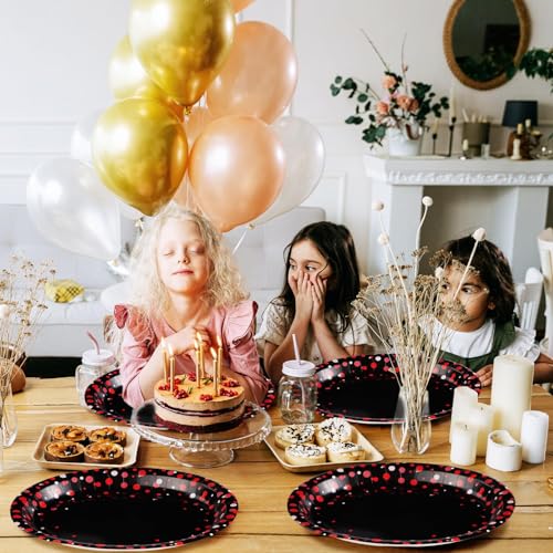 50 Pcs Black and Red Oval Plates 10" x 12" Large Graduation Party Plates Disposable Heavy Duty Red Dot on Black Paper Plates for Congrats Grad Holiday Fiesta Wedding Birthday Party Decorations - style: Black and Red Dot Oval Plates