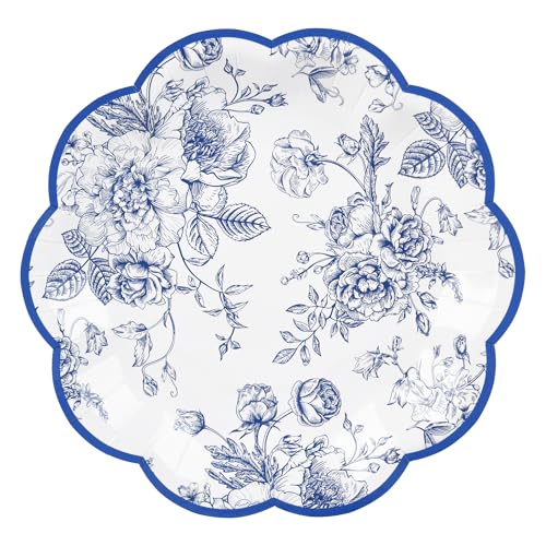 24 Pcs Blue Floral Party Plates 7" Vintage Floral Leaf Disposable Paper Plates Wildflower Blue Toile Small Scalloped Dessert Plates for Birthday Bridal Garden Tea Time Party Supplies - color: Blue Floral