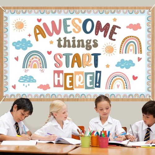 Wiooffen Back to School Classroom Decorations Boho Motivational Inspirational Quotes Backdrop Awesome Things Start Here Hanging Banner Photo Booth Props Background for School Hallway Home Wall Decor
