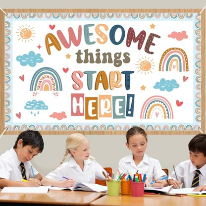 Wiooffen Back to School Classroom Decorations Boho Motivational Inspirational Quotes Backdrop Awesome Things Start Here Hanging Banner Photo Booth Props Background for School Hallway Home Wall Decor