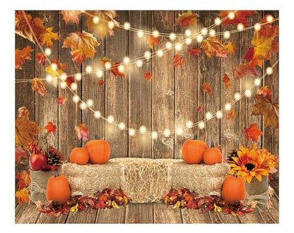 Funnytree 10x8FT Fall Pumpkin Photography Backdrop Autumn Tanksgiving Harvest Hay Leaves Wooden Background Sunflower Maple Baby Shower Banner Decoration Party Supplies Photo Booth Prop - size: 10'x8'