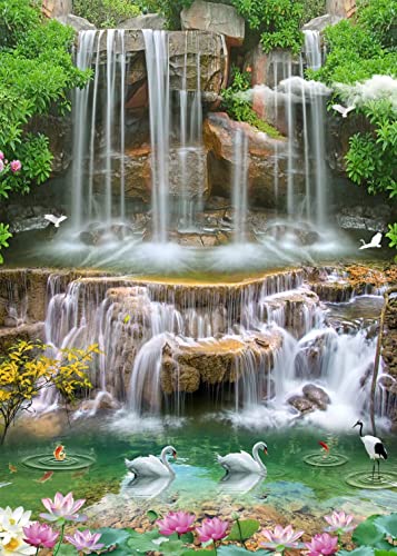 BELECO 4x6ft Fabric Forest Park Waterfall Backdrop Picturesque Swan Lake Lotus Pond Green Trees Scenery Photography Background Wallpaper Spring Summer Holiday Travel Portrait Photoshoot Props - size: 4x6FT