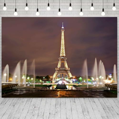 Paris Eiffel Tower Photography Backdrop 7X5FT Paris City Square Night Fountain Background for French Landmark Holiday Happy Birthday Banner Wedding Themed Party Photo Booth Props ZH012 ZHTAOYH - size: 7X5FT