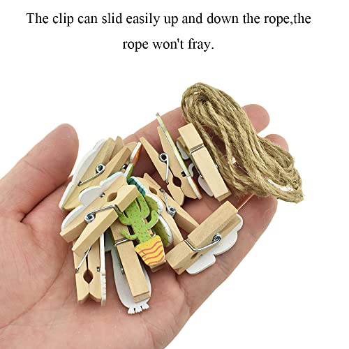 HAHIYO Cactus Painted Mini Wooden Clothespin Clip with 6.56 Feet Jute Twine Photo Paper Holders 1.38inch Tight Clamp Not Fray Rope Post Notices Handy Read for Hanging Postcard Wedding 20PCS - size: Cactus(with rope) 1.38 inches 20 Pack