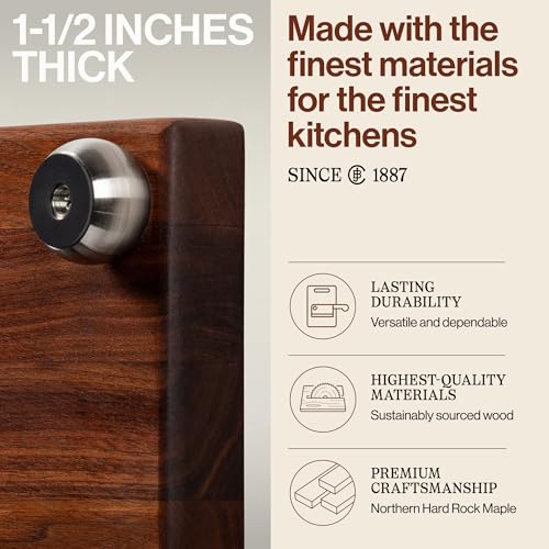 John Boos B Series Square Wooden Walnut Cutting Board 12”x12” – 1.5” Thick, 5-lb Non-Reversible Butcher Block with Stainless Steel Bun Feet & Edge-Grain - color: Walnut with Stainless Steel Feet, size: 9"L x 9"W