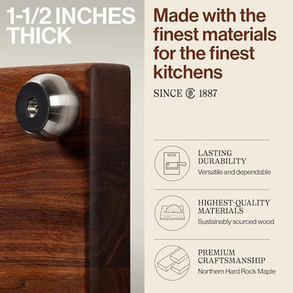 John Boos B Series Square Wooden Walnut Cutting Board 12”x12” – 1.5” Thick, 5-lb Non-Reversible Butcher Block with Stainless Steel Bun Feet & Edge-Grain - color: Walnut with Stainless Steel Feet, size: 9"L x 9"W
