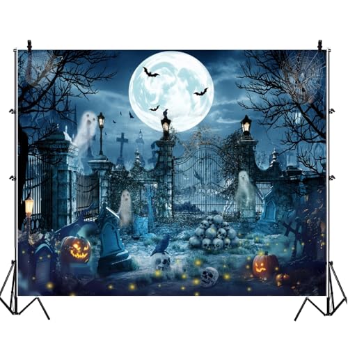 Halloween Backdrop for Photography 10x8ft Scary Cemetery Ghost Skull Full Moon Night Halloween Photo Backdrop Spooky Pumpkin Bat Photography Background Party Decor Kid Adult Portrait Photo Booth Prop