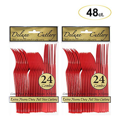 Party Essentials Extra Heavy Duty Hard Plastic Cutlery Combo Pack, Full Size Knives/Forks/Spoons, Red, 48-Pieces/ 16-Place Settings (N1224RD-2) - color: Red, size: 48-Pieces/ 16-Place Settings