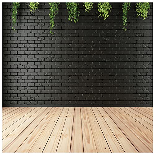 10X10ft Clean Black Brick Wall with Wood Floor Photography Backdrop for Portrait, Green Background, Vinyl Material for Birthdays, Parties, Weddings, Graduations DH-94 - size: 10X10FT