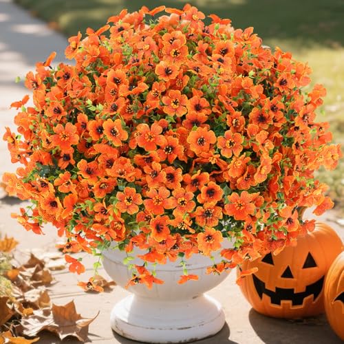 MERIXMAS 24 Bundles Fall Flowers Artificial for Halloween Decoration Outdoors, Fake Plants Autumn, Mums Daisy Eucalyptus Realistic UV Resistant for Garden Patio Porch Home Decor, Orange - color: Orange