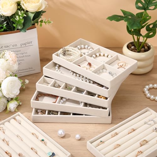 Highergo 8 Pcs Velvet Jewelry Trays Stackable Drawers Organizer Ring Earring Bracelet Necklace Storage Trays, 8.3x4.7x1''(Mixed Style) - style: Mixed Style