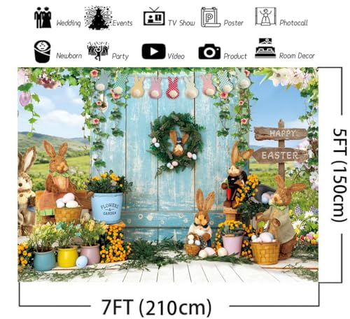 ChromaVerse 7X5FT Easter Photography Backdrop, Spring Bunny Theme with Rustic Wood Door, Flowers and Happy Easter Decoration CV-200 - size: 7X5FT