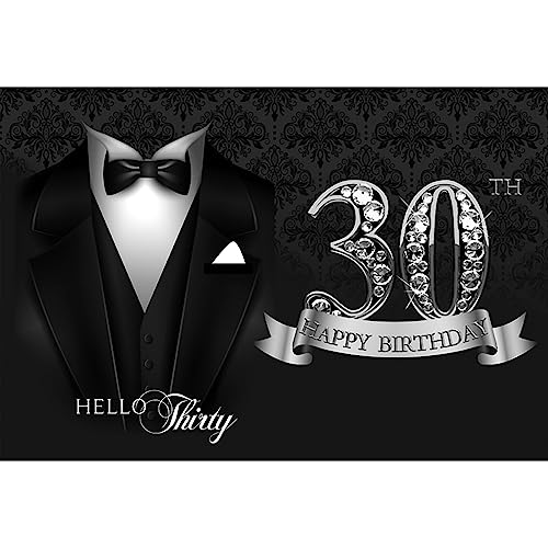 5x3ft Hello Thirty Tuxedo Backdrop Gentleman Black Necktie Suit Tuxedo Diamonds Silver 30th Happy Birthday Photography Background for Man 30th Birthday Party Decor Cake Table Banner - color: black silver 30, size: 5x3ft