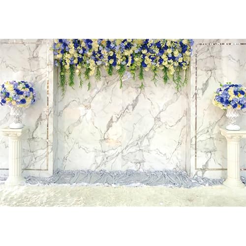 7x5ft Vinyl Luxury Wall Backdrop Photography Vintage Marble Texture Blue Floral European Style Gorgeous Church Background Birthday Wedding Party Decorations Bridal Shower Women Girls Props - color: white blue and green, size: 7x5ft