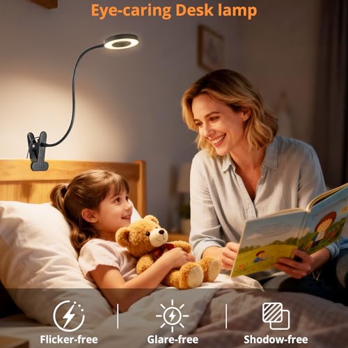 Woputne Desk Lamp Clip Light, 10 Dimmable Brightness 3 Light Modes Reading Light, Clamp Bedside Lamp for Painting, Craft, Study (Black) - color: Black, size: Not Included Adapter