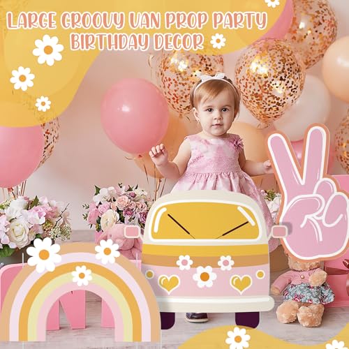 Soulchen 3 Pcs 24 Inch Large Hippie Photo Booth Props Retro Groovy Birthday Party Decorations Boho Bus Peace Sign Hand Rainbow Daisy Frame Backdrop for 60s 70s Hippie Party Supplies - style: Hippie