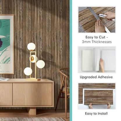 Commomy Faux Wood Slat 3D Wall Panels - 12 pcs of 22.8" x 11.8" - Thin UrltraLight PVC Peel and Stick Tile Wood Textured Printable for Kitchen,Bedroom, Living Room,TV Background（Covers 22.48 sq.ft）
