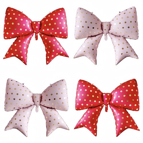 4Pcs Red Pink Bow Balloons Decor 38 Inch/Polka Print coquette Birthday Decorations for Girls Women, Valentines Day, Galentines Party Bachelorette Bridal Shower Wedding Engagement Photo Booth Props - color: Red Pink Polka Dots