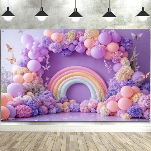 7x5ft Purple Floral Balloons Backdrop, Birthday Party Portrait Decor Photography Background Kids Girl Baby Shower Banner Photo Studio Props - color: Purple, size: 7X5FT