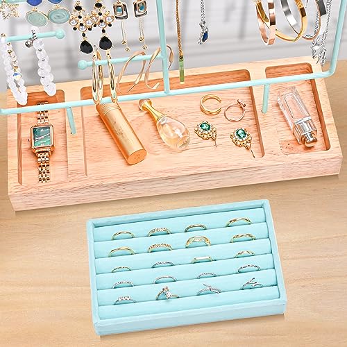 ProCase Jewelry Organizer Stand Earring Holder Organizer, 6 Tiers Earring Organizer Tree Necklace Rack Jewellery Tower Bracelets Holder Storage with Removable Wooden Ring Tray for Women Girls -Blue - color: Blue