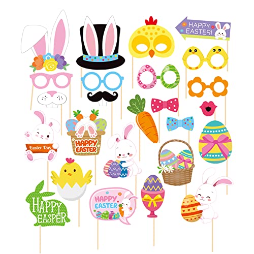 OURUOLA Easter Party-Decorations Egg-Bunny Photo-Booth Props - 25pcs Funny Glasses Easter Birthday Photography Props Kids Favors Gifts Supplies Spring Chicks Decor - color: Easter Photo Booth