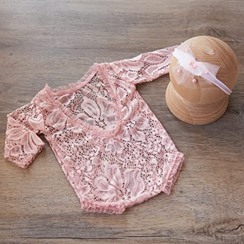 Zeroest Newborn Photography Outfits Girl Lace Romper Newborn Photography Props Rompers Baby Girls Skirt Photoshoot 3 PCS - color: Pink-long Sleeve
