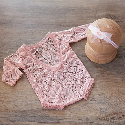 Zeroest Newborn Photography Outfits Girl Lace Romper Newborn Photography Props Rompers Baby Girls Skirt Photoshoot 3 PCS - color: Pink-long Sleeve