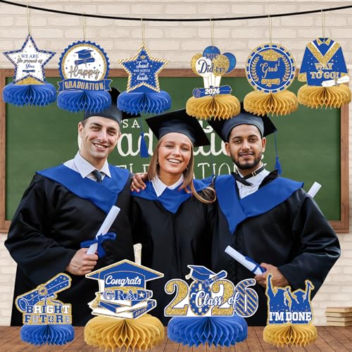 10PCS Graduation Party Decorations Class of 2026 Congrats Grad Table Centerpieces Congratulate Graduation Honeycomb Table Toppers for Graduation Party Supplies(Blue Gold) - color: Blue Gold
