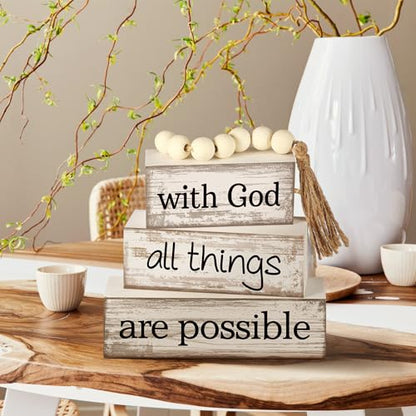 Yuntau 4 Pcs Farmhouse Wooden Tabletop Decor Farmhouse Tiered Tray Decor Rustic Retro Wood Bead Garland with God All Things are Possible Block Sign Neutral Centerpiece Sign for Home Shelf Mantle - style: Farmhouse