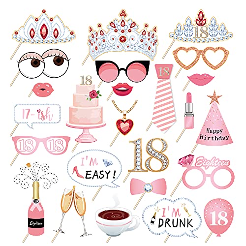 25 PCS 18th Birthday Photo Booth Props Party Supplies Holiday Picture Decorations Photo Booth Props for Birthday Party Favors Pose Sign Kit Fun for Girls Women - color: Pink-18