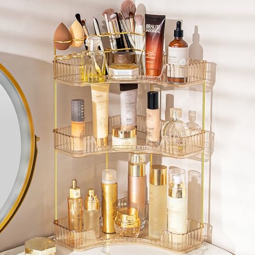NATURE'S SOURCE Makeup Organizer for Vanity, 3-Tier Corner Bathroom Organizer Countertop with Makeup Brush Holder, Corner Counter Storage for Bathroom Dresser- Amber Gold - color: Amber Gold, size: 3-Tier