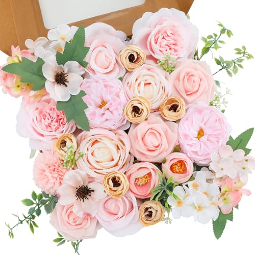 Floweroyal Artificial Flowers Combo Pink Flowers Mix Silk Flowers Roses Peonies with Stems for DIY Wedding Bridal Bouquets, Baby Shower, Floral Arrangement, Table Centerpieces, Home Decorations. - color: Light Pink