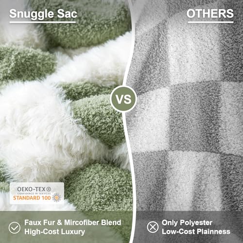 Snuggle Sac Sage Green Checkered Throw Blanket Faux Fur Knitted with Microfiber Yarn, Cozy Soft Warm Spring Blankets for Couch,Sofa,Bedroom,Sage Green Checker,50x60 inches - color: Green White, size: Throw(50"x60")