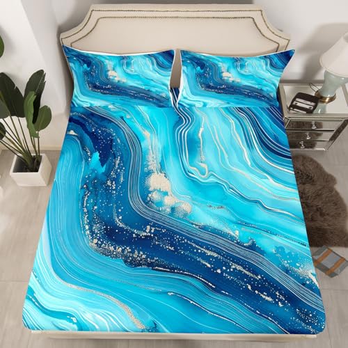 Navy Blue Marble Texture Bed Sheets Set Retro Watercolor Artwork Fitted Sheet for Kids Navy Blue Gold Decorative Bedding Set Golden Streaks Bed Cover 3Pcs Queen Size - color: Multi 08, size: Queen