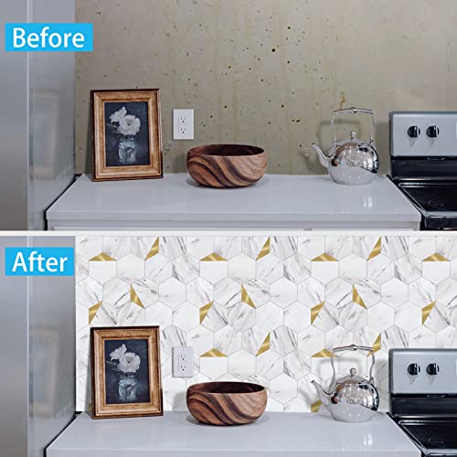 Peel and Stick Backsplash for Kitchen,New Upgrade Premium Hexagon Peel and Stick Backsplash, Seamless Backsplash Tile for Bathroom,（10-Sheet Carrara White Marble and Metal Gold） - color: Carrara White