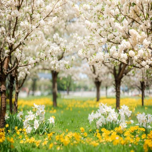 Kate Spring Backdrop White Sakura Green Grass Natural Scenery Forest Trees Season Holiday Photography Props, 10x10ft - size: 10x10ft