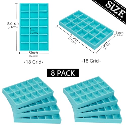 12 Pack Stackable Velvet Jewelry Organizer Trays for Drawers Earring Organizer Inserts Necklace Storage Ring Bracelet Display Case, 216 Grids, Blue - color: Blue