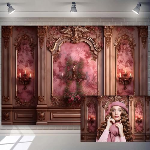 8x6ft Vintage European Royal Backdrop Romantic Gorgeous Room Wall Backdrops Pink French Castle Themed Living Room Wallpaper Deorations Girl's Birthday Wedding Portrait Studio Photo Props - size: 8x6ft