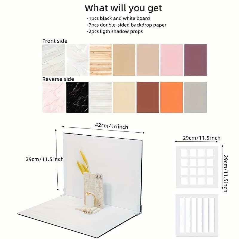 10PCS Photography Backdrop Kit – 16x11.5 Durable Cardboard Background Boards with 16 Unique Double-Sided Patterns – Flat Lay Photo Backdrops for Food, Jewelry, Skincare & Small Product Photography