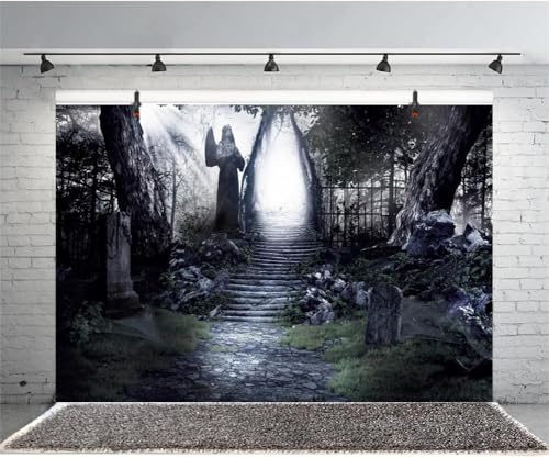 Renaiss Fabric Dark Forest Backdrop Dilapidated Stone Path in Dark Woods Leading to Bright Exit Photography Background Scary Halloween Scene Photoshoot Backdrop 8x6ft - color: Dark Grey, size: 8Wx6H FT