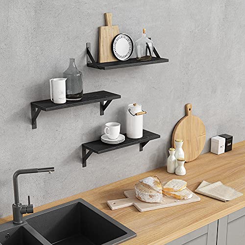Forbena Black Floating Shelves Bathroom Set of 3, Wooden Wall Book Shelves, Rustic Shelf for Storage, Bathroom Organizer, Living Room, Kitchen, Office (Black) - color: Black, size: 17 Inches