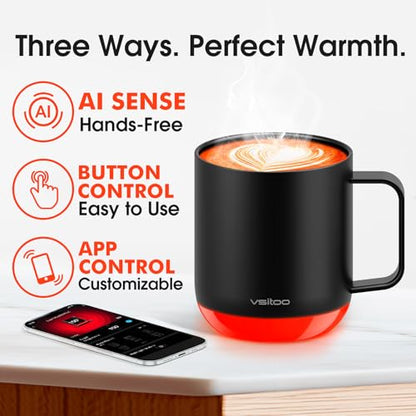 Vsitoo S6 Plus Smart Coffee Mug, 12oz,Temperature Controlled Mug & Electric Coffee Mug with Music Sync Lights，Auto-Sensing AI Heats Drinks to 120-150°F Hands-Free. Ideal for Home/Office/Gifts - Black - color: Black