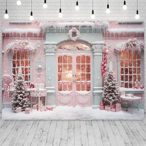 7x5ft Pink Christmas Backdrop Snow Scene Xmas Trees Candy Cane Photography Background Merry Christmas Party Banner Decorations Women Girls Portraits Photo Studio Props - size: 7x5ft
