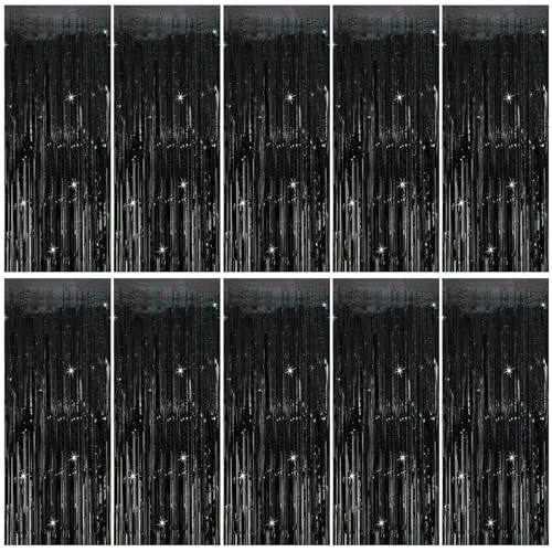 Tinsel Curtain Party Backdrop Black Birthday & Wedding Decor - 10 Packs Glitter Foil Fringe Streamers for Photo Booth - color: Black, size: 10 Pack