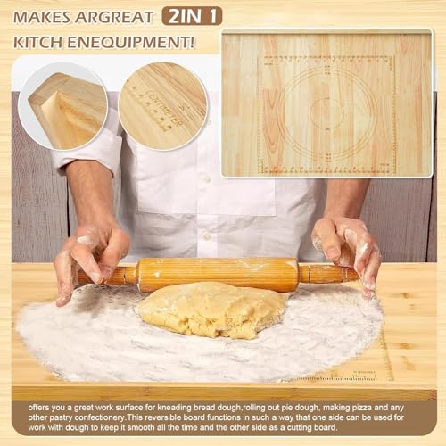24" x 20" Reversible Wooden Pastry Board Wood Pasta Board with Lip Bread Board Cutting Board Chopping Board Pie Board with Engraved Ruler for Counter Top Kitchen-Wood - color: Wood