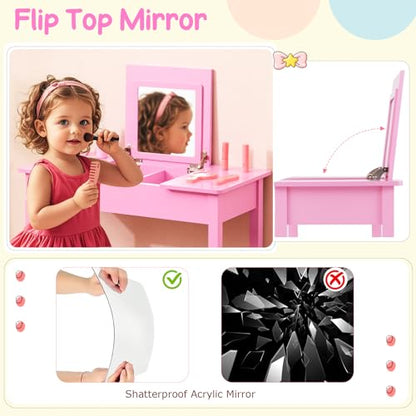 Costzon Kids Vanity, 2 in 1 Girls Vanity Set with Flip Top Mirror, Hidden Storage Space, Wooden Toddler Makeup Vanity Desk Dressing Table, Kids Vanity Table and Chair Set (Pink) - style: Pink with Flip Top Mirror