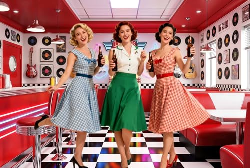 5X3ft 1950s Diner Party Backdrop Retro Red 50s Rock and Roll Diner Classic Decoration Photography Background 50s Sock Hop Party Banner Decor - color: Multi5, size: 5x3ft