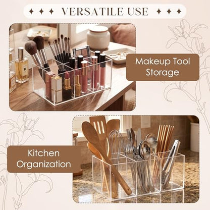 Zhehao 2 Pack Clear Acrylic Makeup Brush Holder Organizer, 6-slot Cosmetic Storage Organizer Pencil Holder for Vanity, Countertop & Desk, Transparent Makeup Brush Stand for Brushes, Lipsticks & Pens